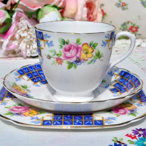 Plant Tuscan Blue Trellis Floral Teacup Trio c.1930s