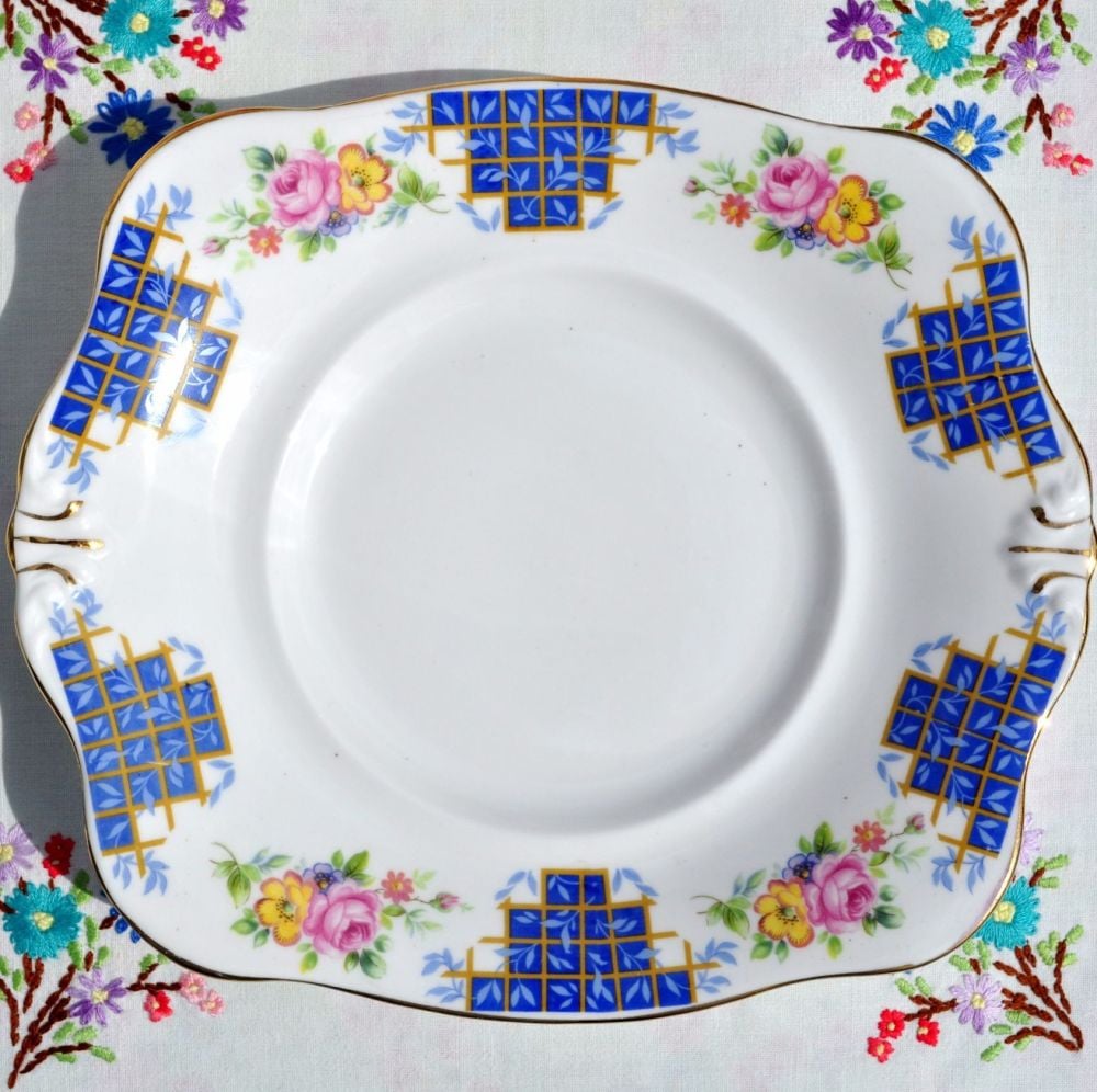 Plant Tuscan Blue Trellis Floral Cake Plate c.1930s