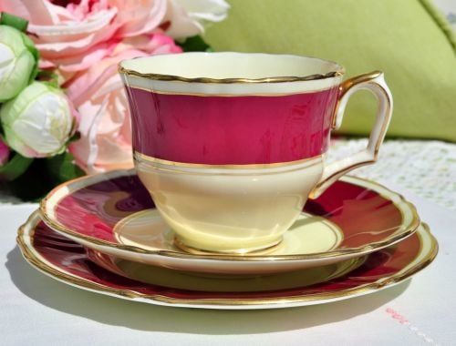 Crown Staffordshire Raspberry Cream Teacup Trio c.1930s