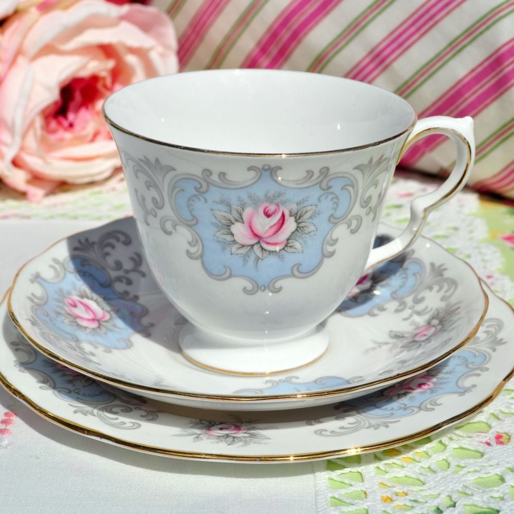 Queen Anne by Ridgway 8505 Pink Roses and Tan Scrolls Bone China Cup and Saucer