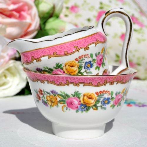 Crown Staffordshire Tunis Pink Mini Milk Jug and Sugar Bowl