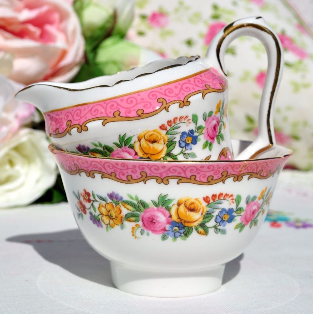 Crown Staffordshire Tunis Pink Mini Milk Jug and Sugar Bowl