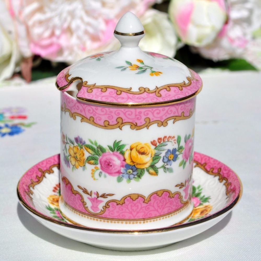 Crown Staffordshire Tunis Pink Mustard Pot and Spoon Plate