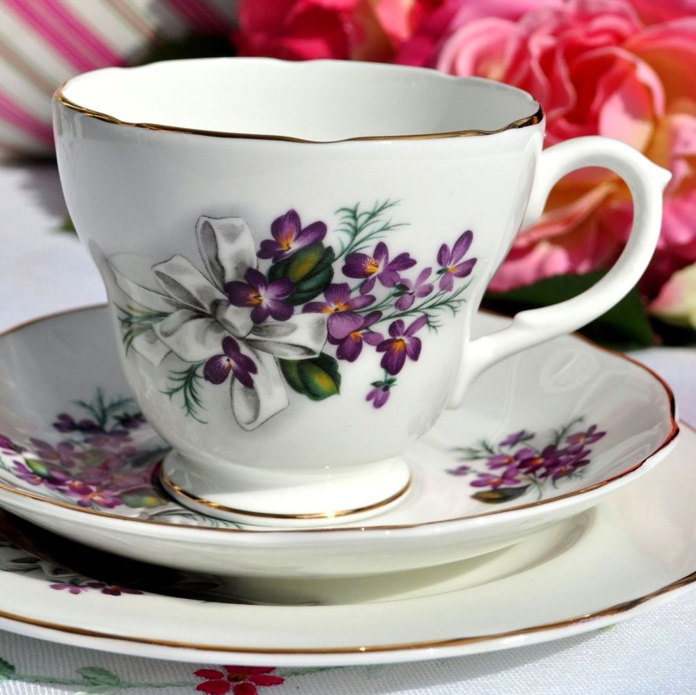 Harleigh Violets and Bow Vintage China Teacup Trio