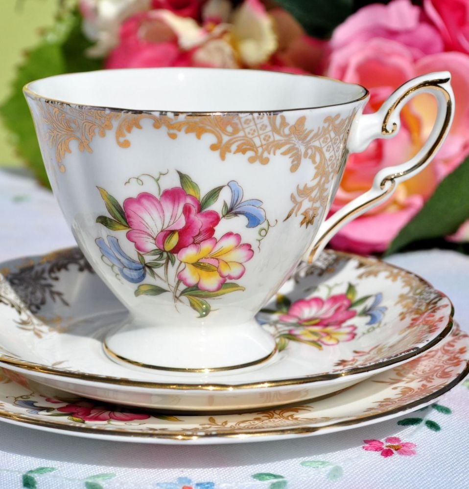 Royal Standard Floral Spray and Gold Filigree Teacup Trio