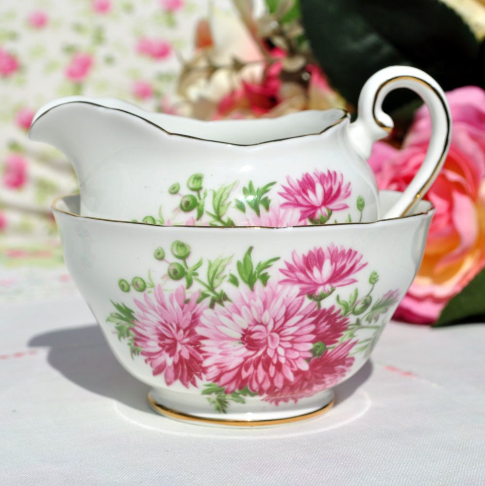 Adderley Pink Chrysanthemum Milk Jug and Sugar Bowl