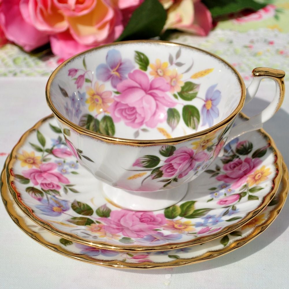 Pink and Lilac Floral Fine China Teacup Trio c.1970+