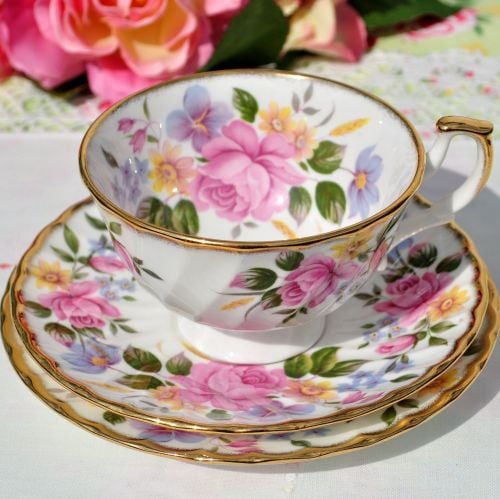 Pink and Lilac Floral Fine China Teacup Trio c.1970+