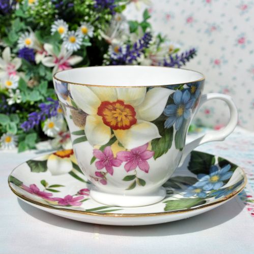Bright Floral Bone China Teacups and Saucers