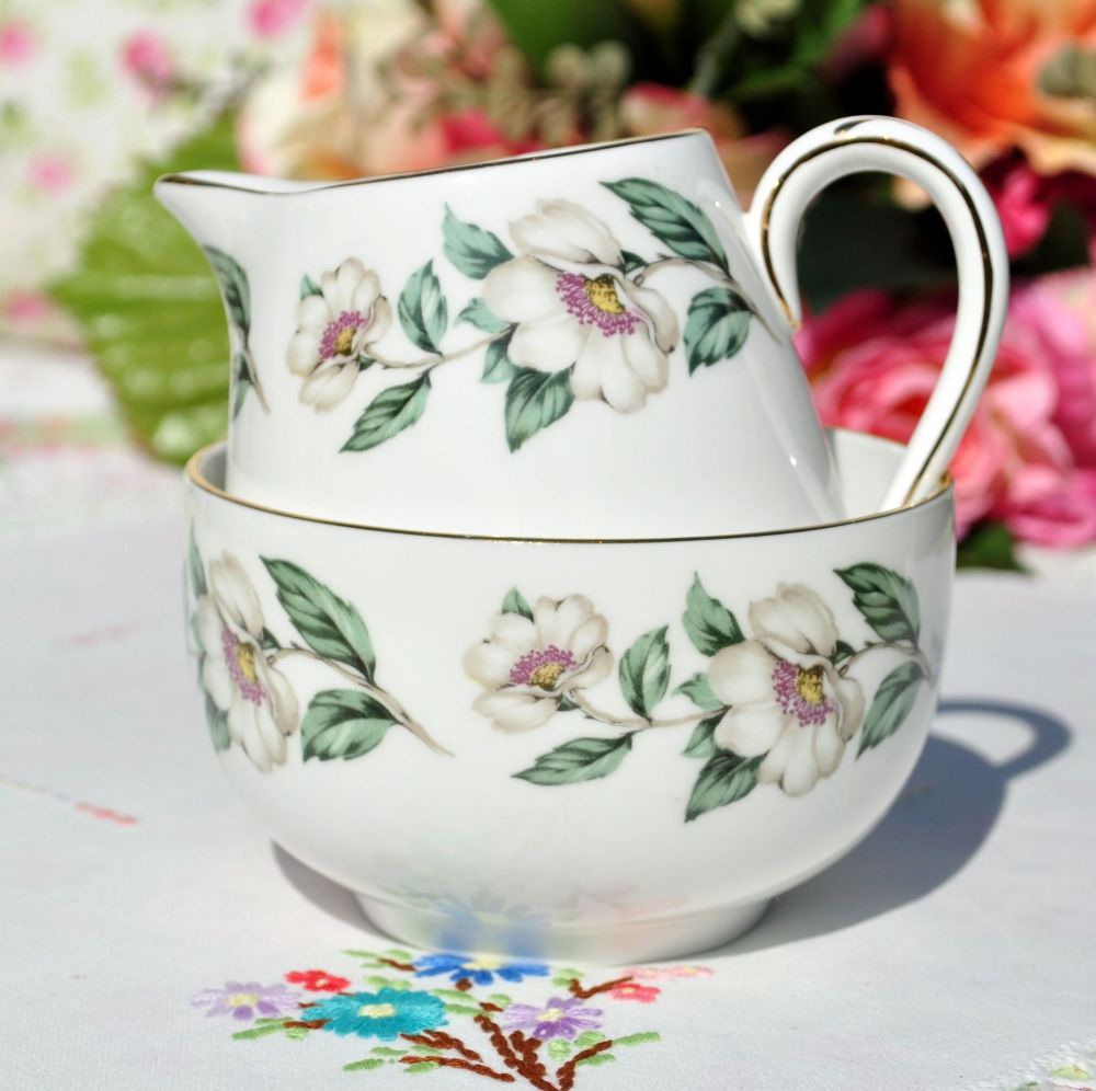 Crown Staffordshire Wild White Rose Milk Jug and Sugar Bowl