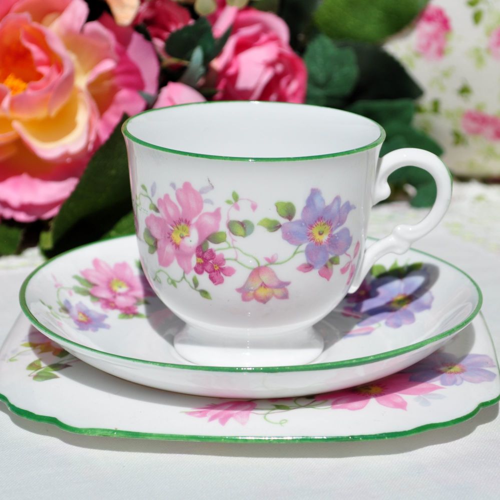 Tuscan Green Rimmed Floral Teacup Trio c.1936+