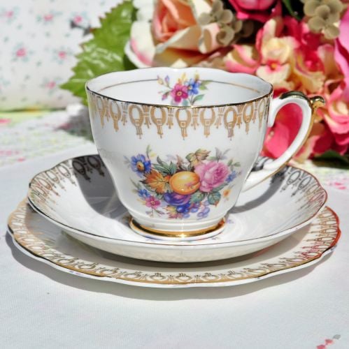 Floral Gold Filigree Teacup Trio c.1950s