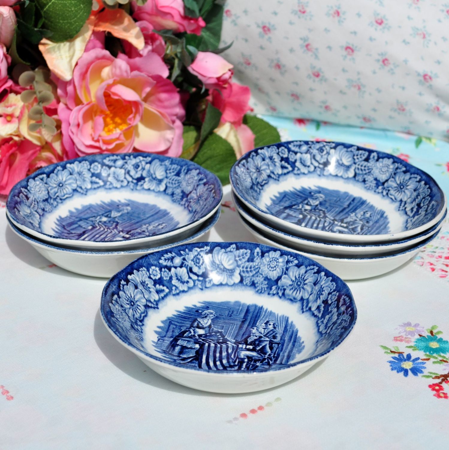 Liberty Blue Colonial Scenes Fruit Dishes Set