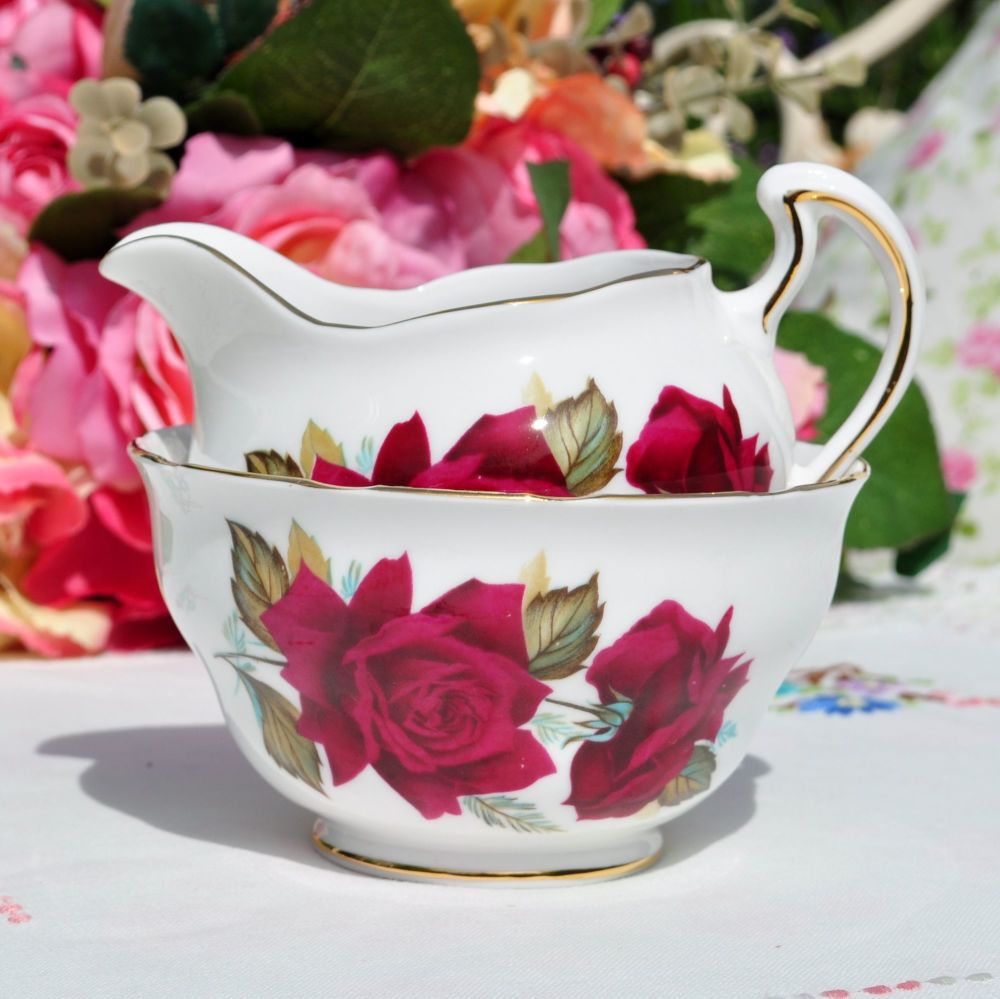 Royal Vale Red Roses Milk Jug and Sugar Bowl c.1960s