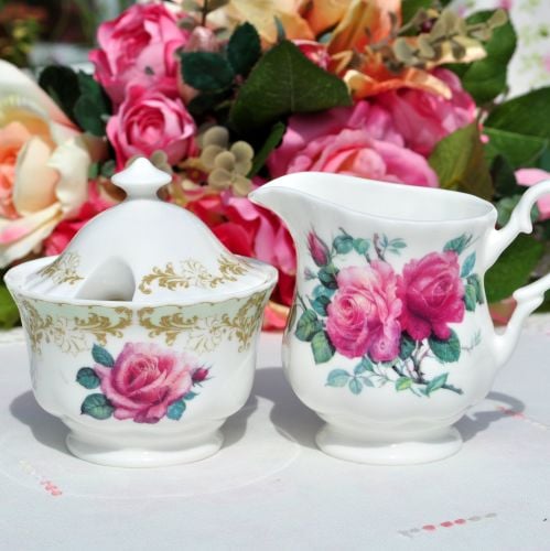 Pink Roses China Milk Jug and Lidded Sugar Bowl