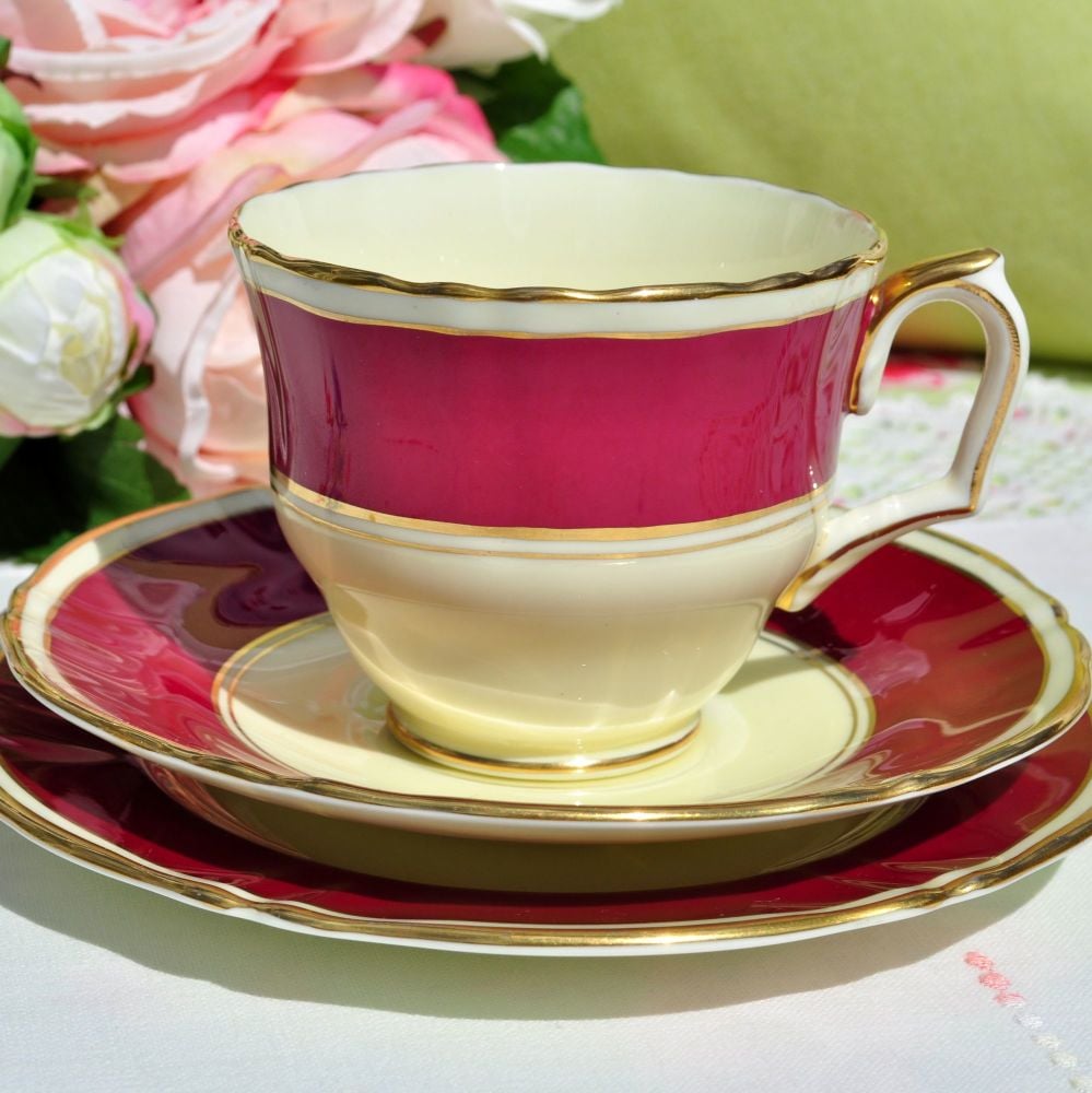 Crown Staffordshire Raspberry Cream Teacup Trio c.1930s
