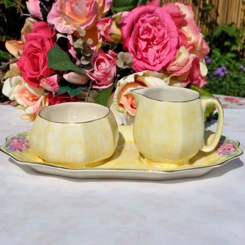 James Kent Yellow Wash Milk Jug and Sugar Bowl with Tray c.1940s