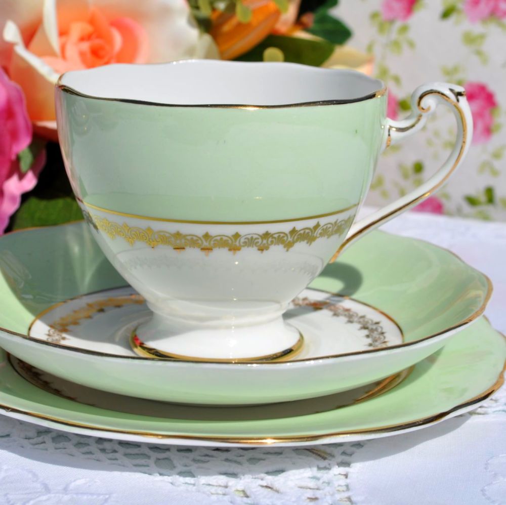 Roslyn China Vintage Green and Gold Tea Cup Trio