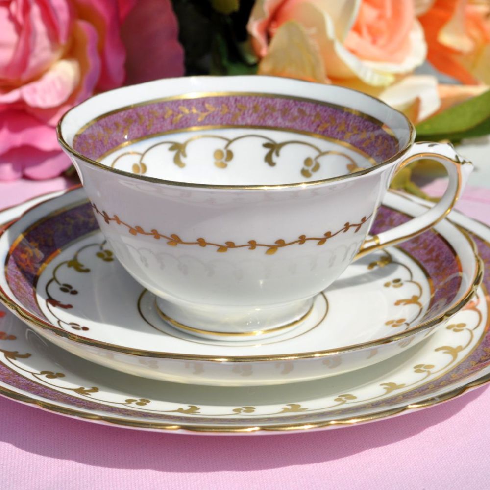 Antique Tuscan Amethyst Lustre Teacup Trio c.1907+