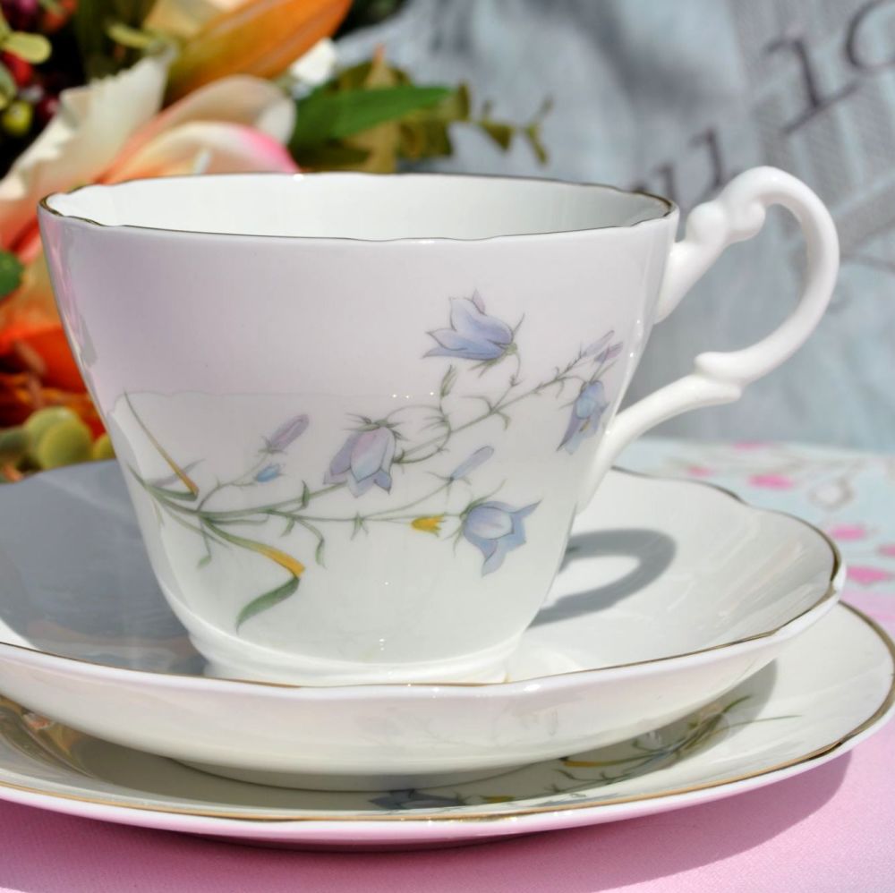 Royal Stuart Harebell Pretty Blue Floral with Gold Gilding Teacup Trio