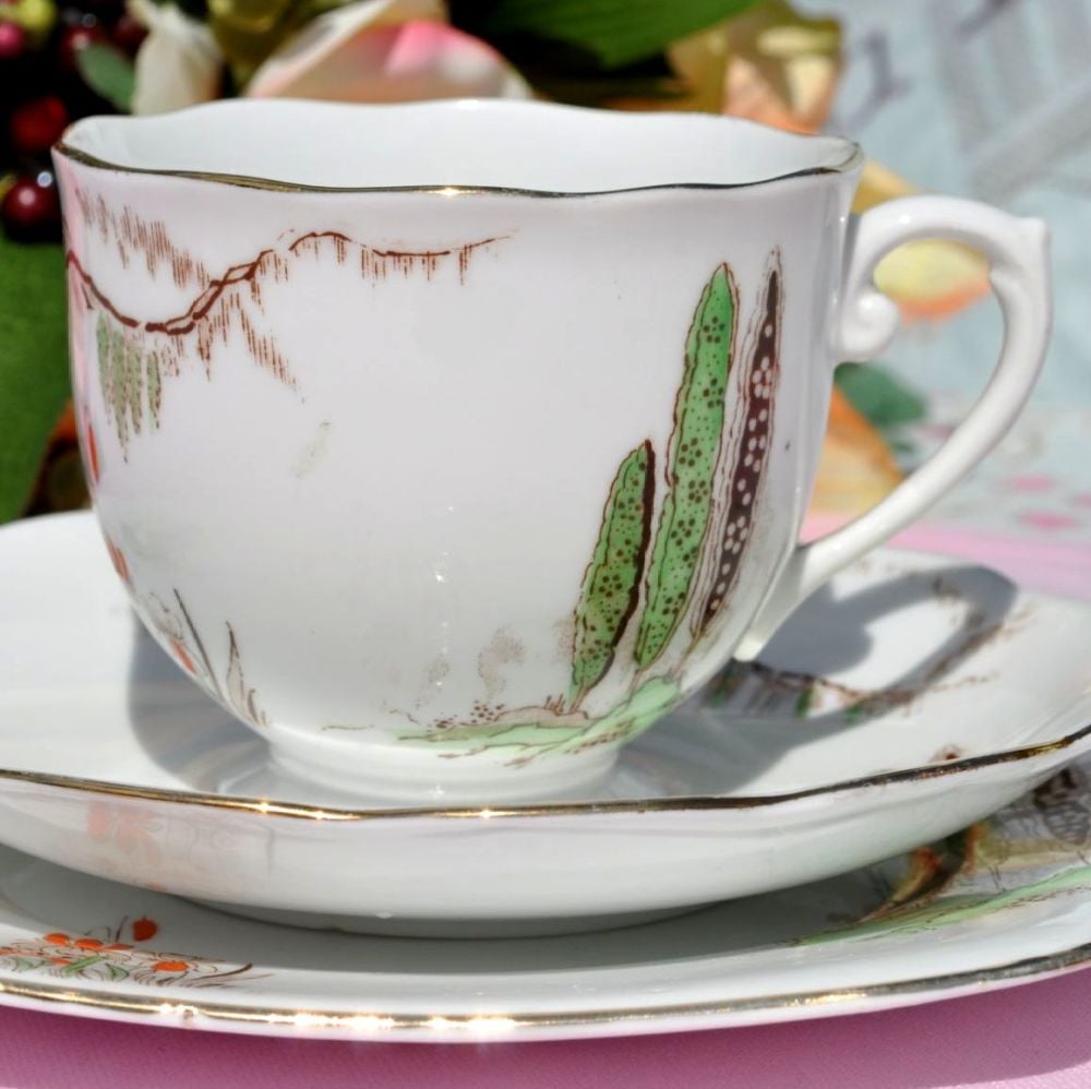 Roslyn China Cypress Tree Art Deco Hand Painted Teacup Trio c.1924+