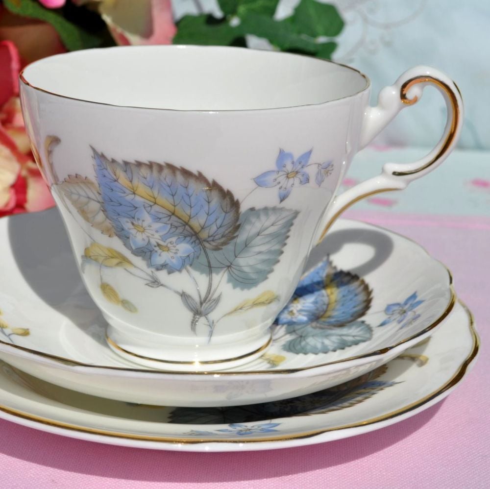 Regency Blue Leaf Pattern Vintage Bone China Teacup Trio c.1950s