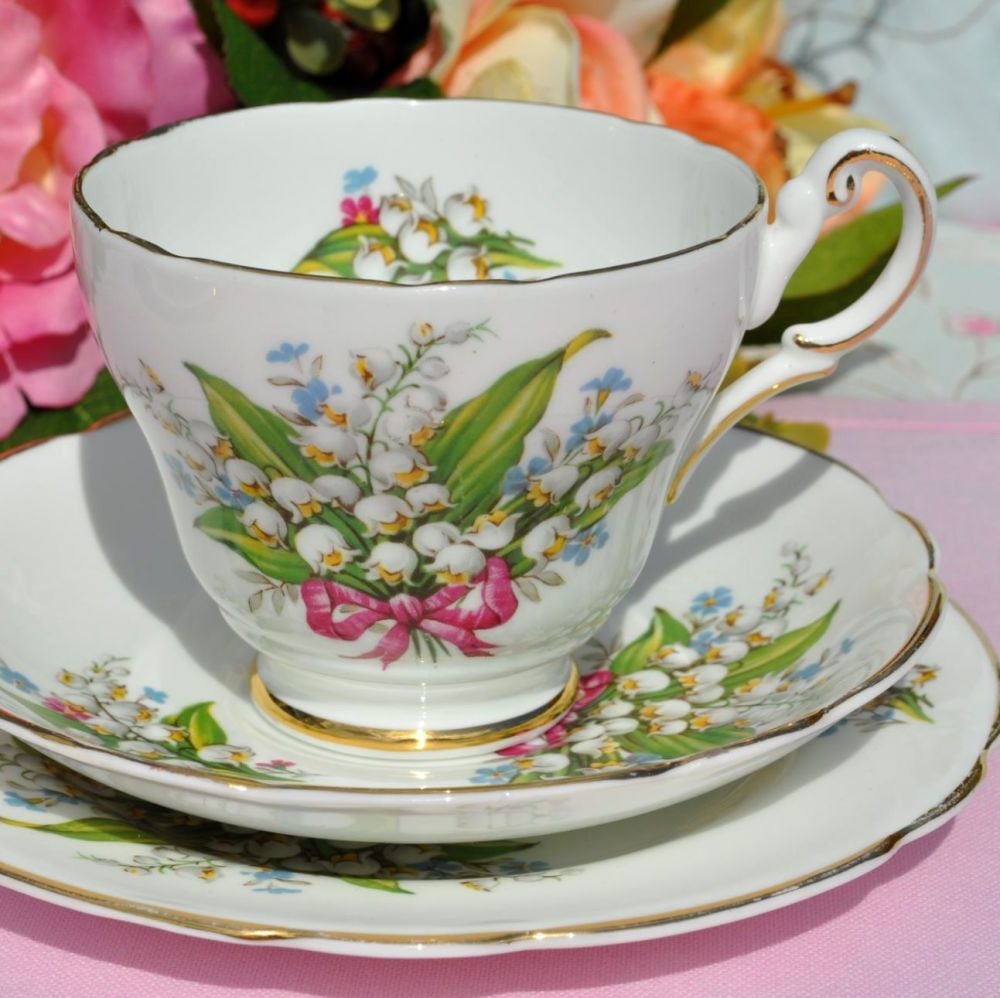 Regency Lily of the Valley and Pink Bow Bone China Teacup Trio c.1950s
