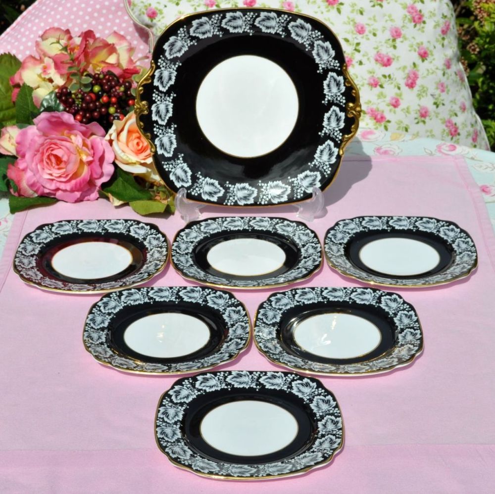 Windsor Black and Gold Cake Plate and Six Tea Plates Set