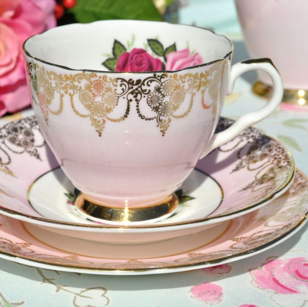 Imperial Pale Pink and Gold Vintage Teacup Trio with Roses