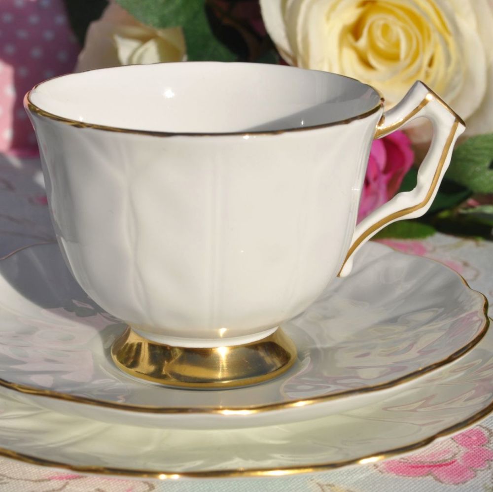 Aynsley Golden Crocus English Fine White and Gold China Teacup Trio