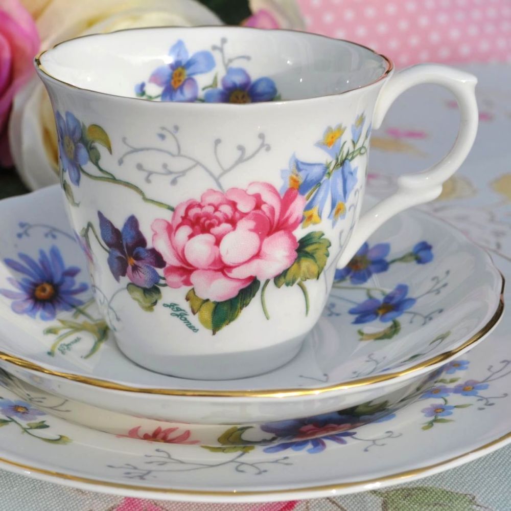 Crown Staffordshire Floral Fine Bone China Vintage Teacup Trio
