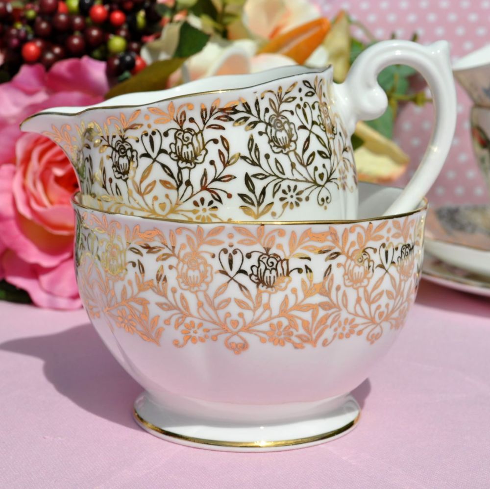 Queen Anne Gold Floral Vintage Cream Jug and Sugar Bowl c.1950s
