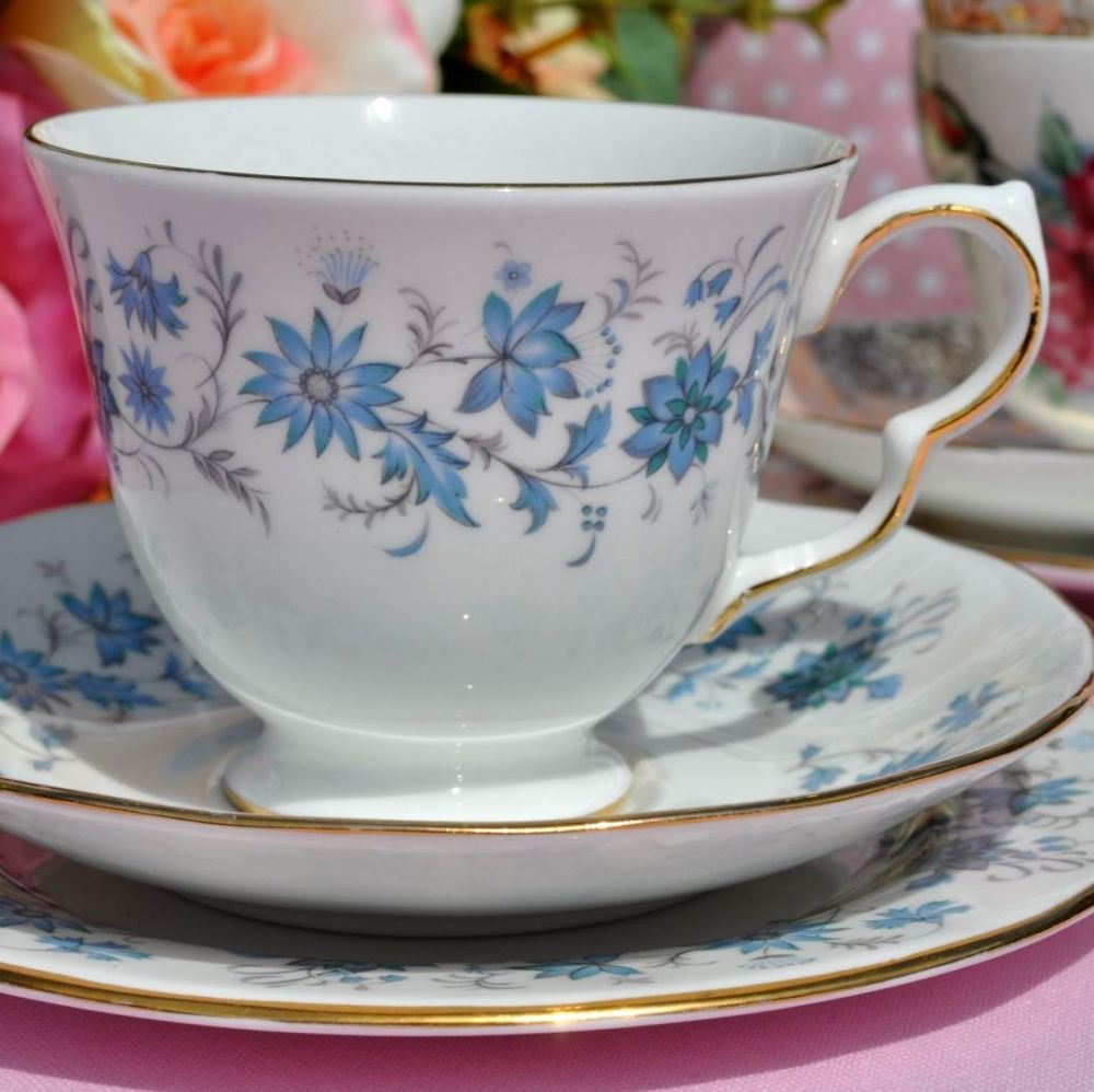Colclough Braganza Blue Vintage Smooth Teacup Trio