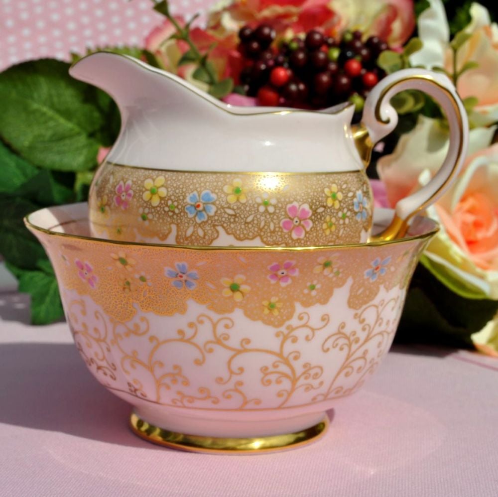Tuscan Gold and Pink Fine Bone China Creamer and Sugar Bowl