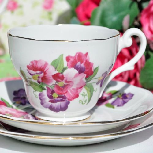 Royal Standard Sweet Pea Bone China Teacup Trio c.1950s