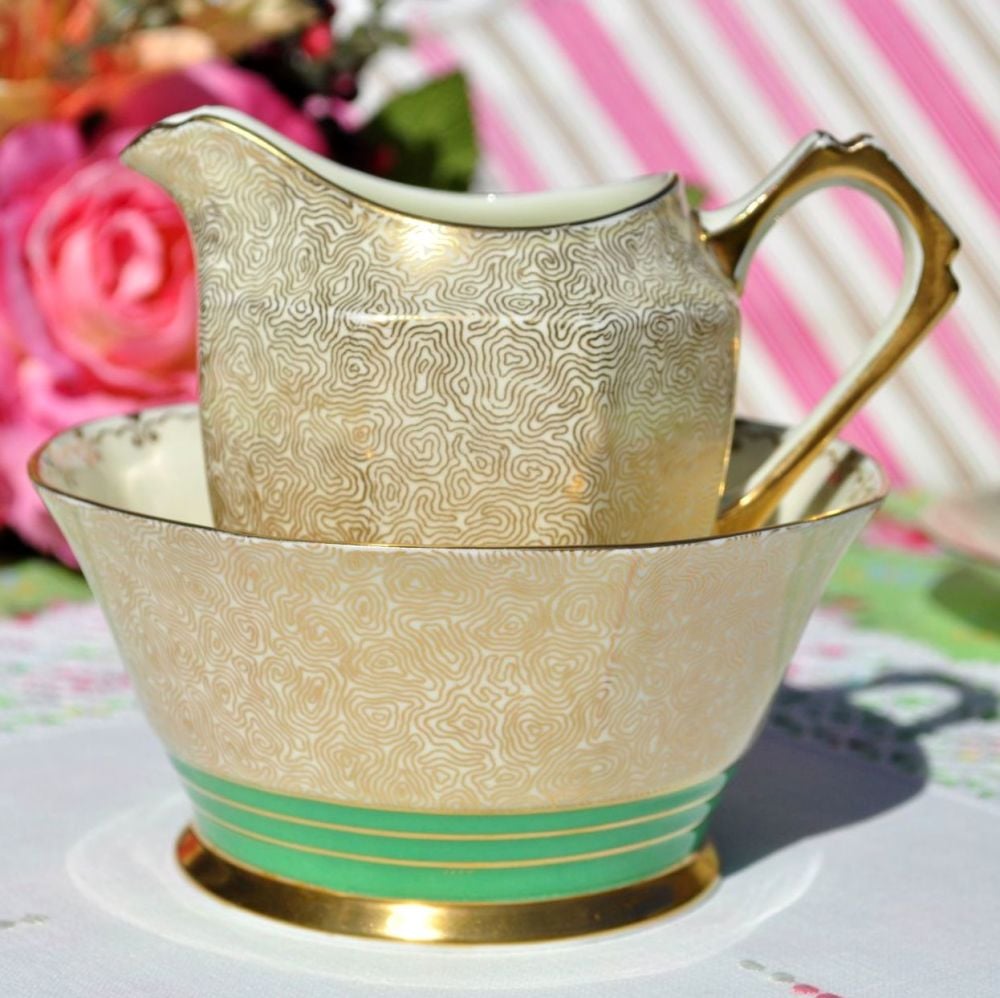 Art Deco Tuscan Gold Filigree and Green Milk Jug & Sugar Bowl c.1933