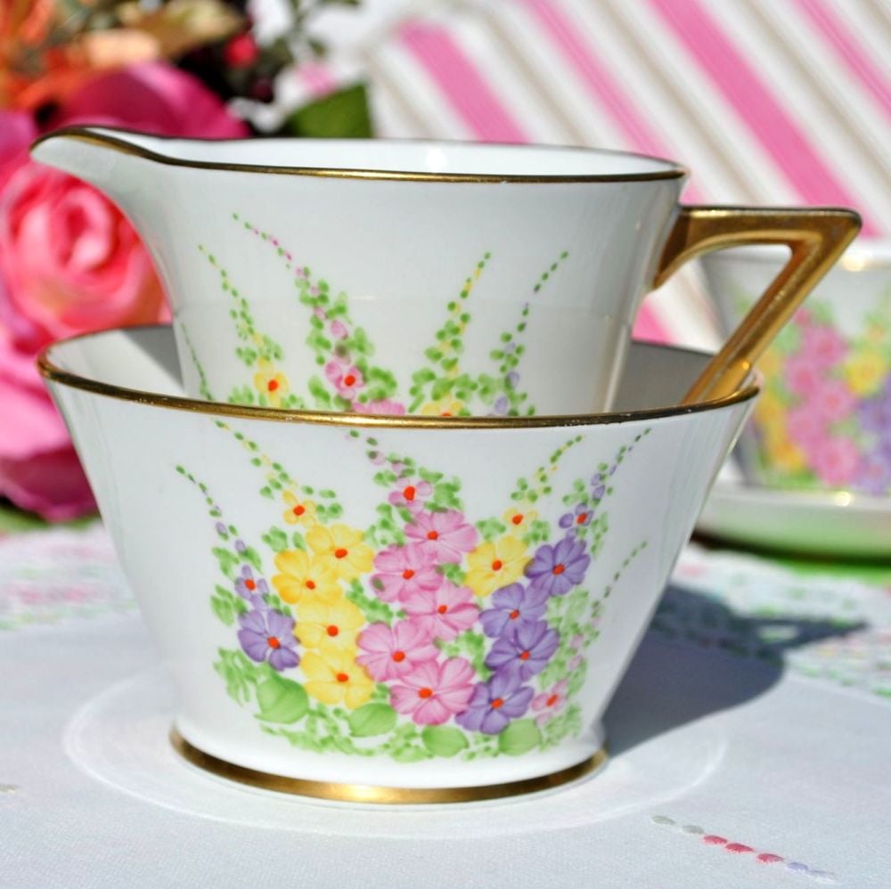 Art Deco Hollyhock Milk Jug & Sugar Bowl c.1930s