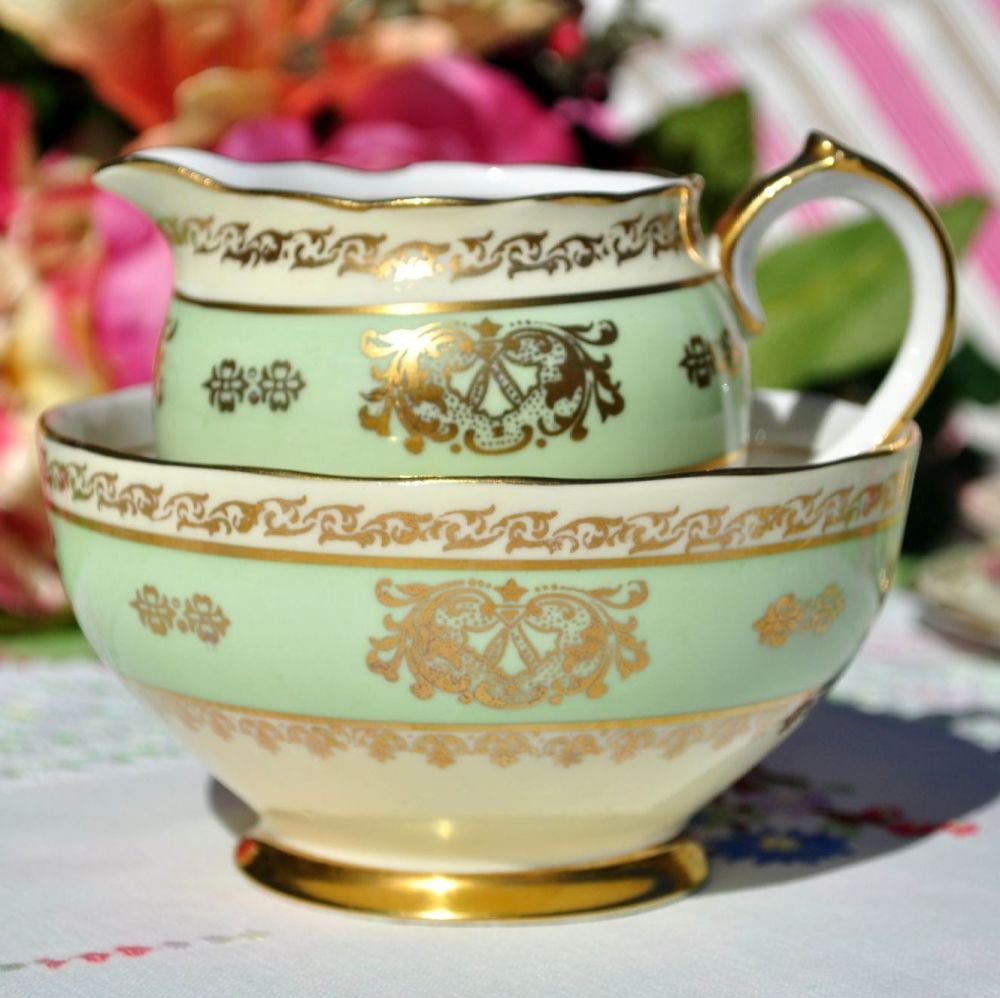 Roslyn Cream, Green and Gold Vintage Milk Jug & Sugar Bowl c. 1950s