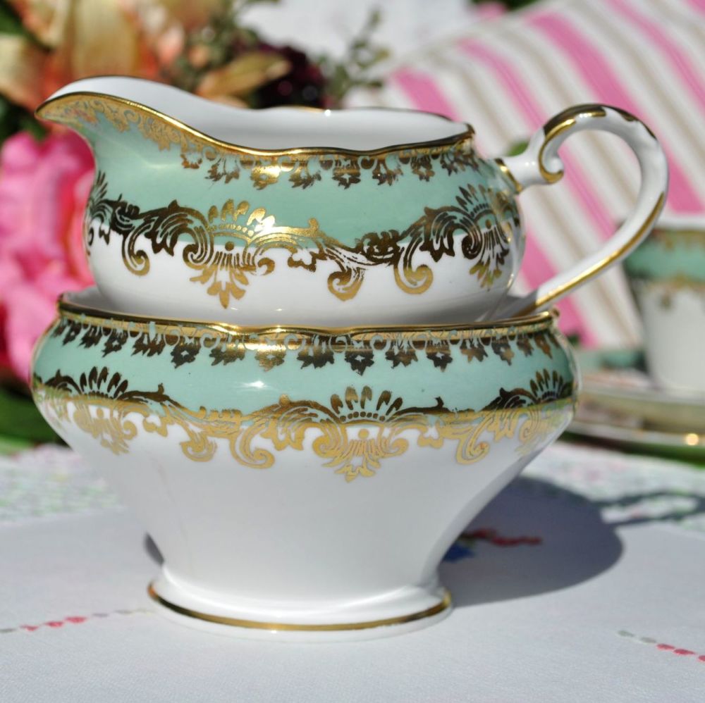 Aynsley Fern Green and Gold Vintage China Milk Jug & Sugar Bowl