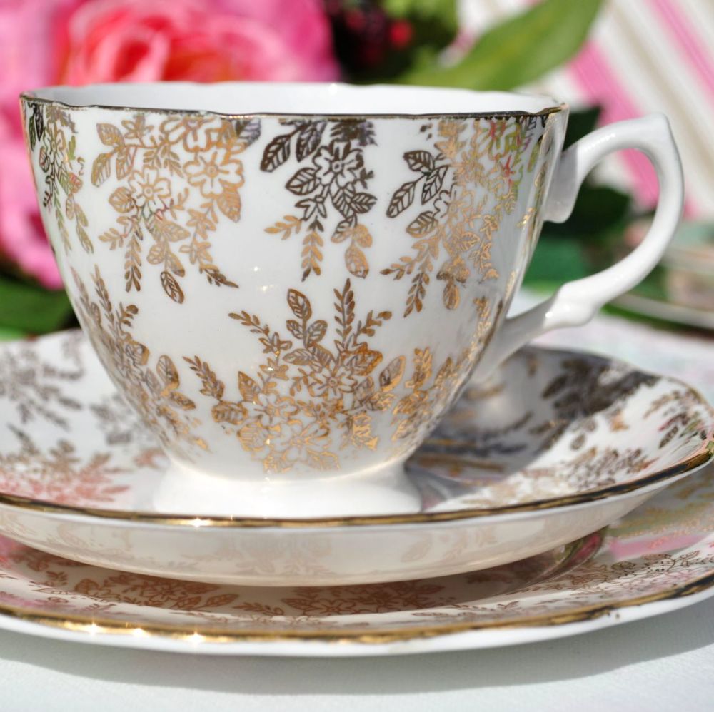 Royal Vale Gold Filigree Teacup Trio