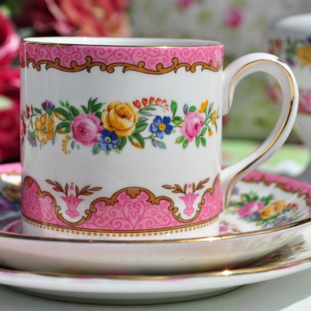 Crown Staffordshire Pink Tunis Coffee Can Trio c.1930s