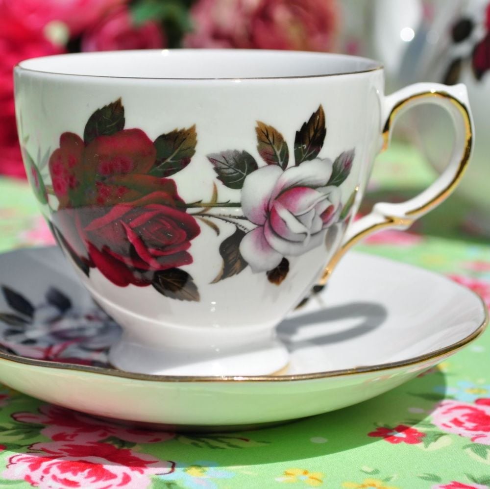 Colclough Red and White Roses Vintage China Teacup and Saucer c.1960s