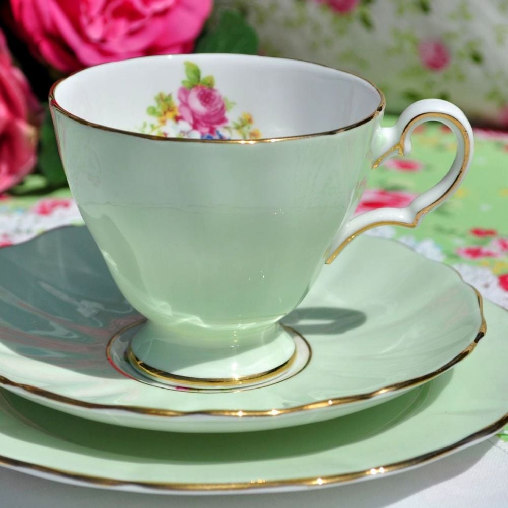 Grosvenor China Pastel Green and Posies Teacup Trio c.1950s