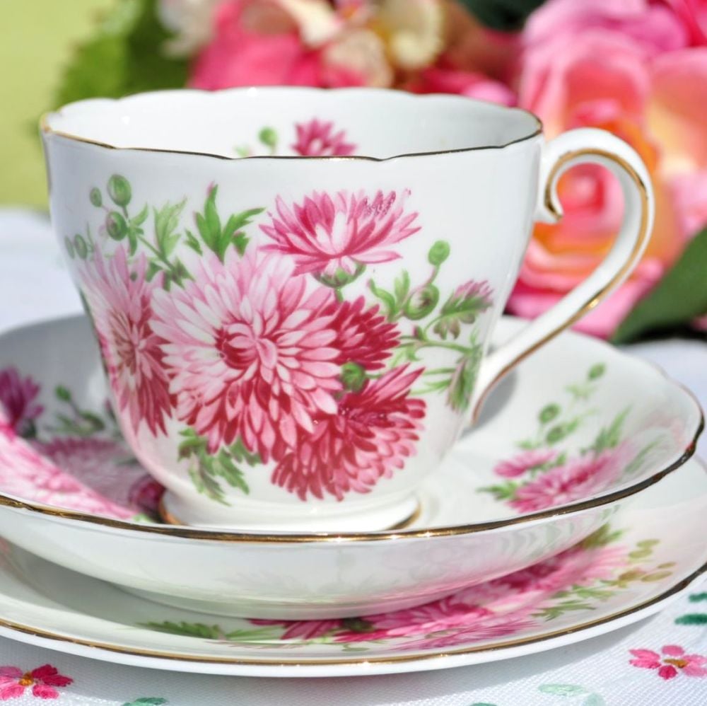 Adderley Pink Chrysanthemum China Teacup Trio c.1962+