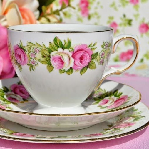 Colclough Enchantment Pink and White Roses Teacup Trio