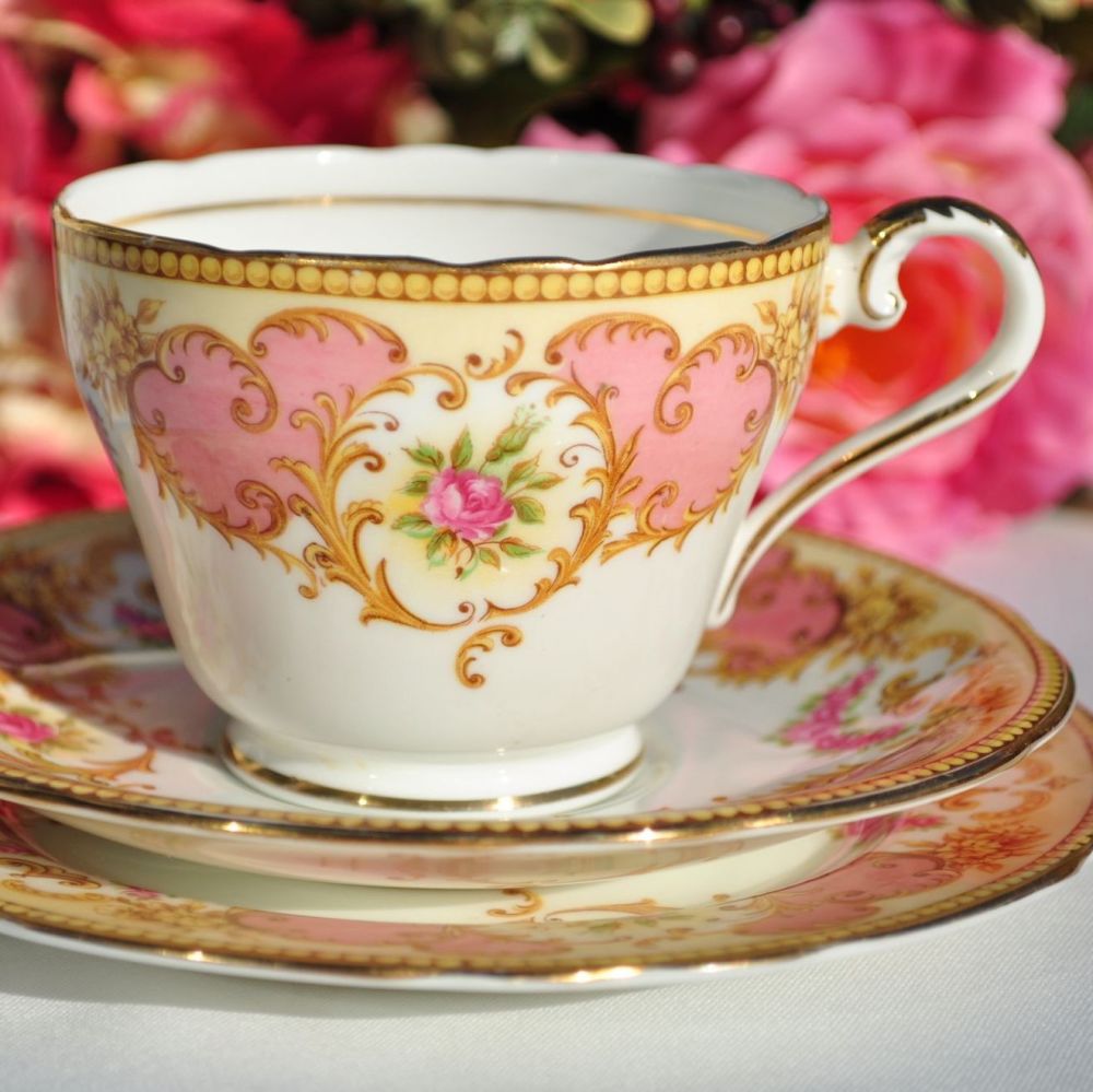 Aynsley Salmon Pink and Yellow Vintage China Teacup Trio