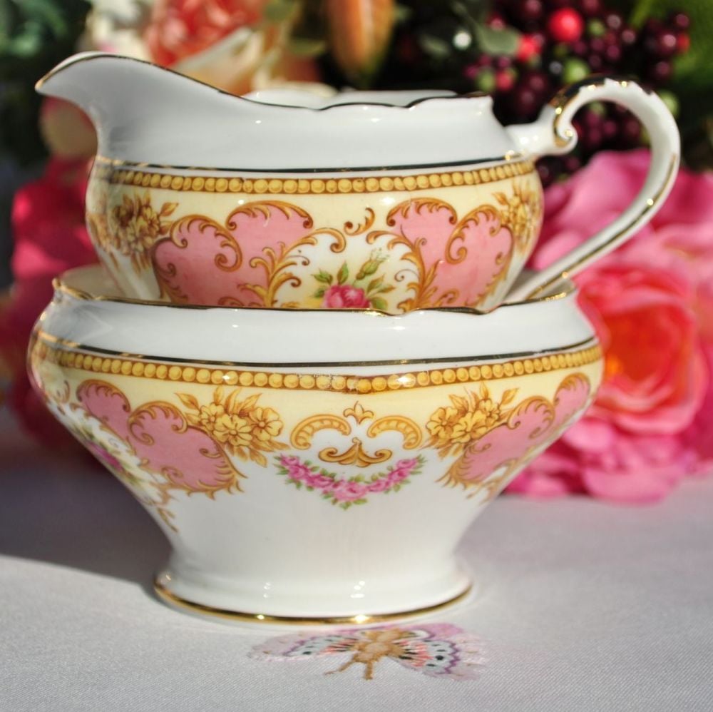 Aynsley Pink and Yellow Floral Milk Jug and Sugar Bowl