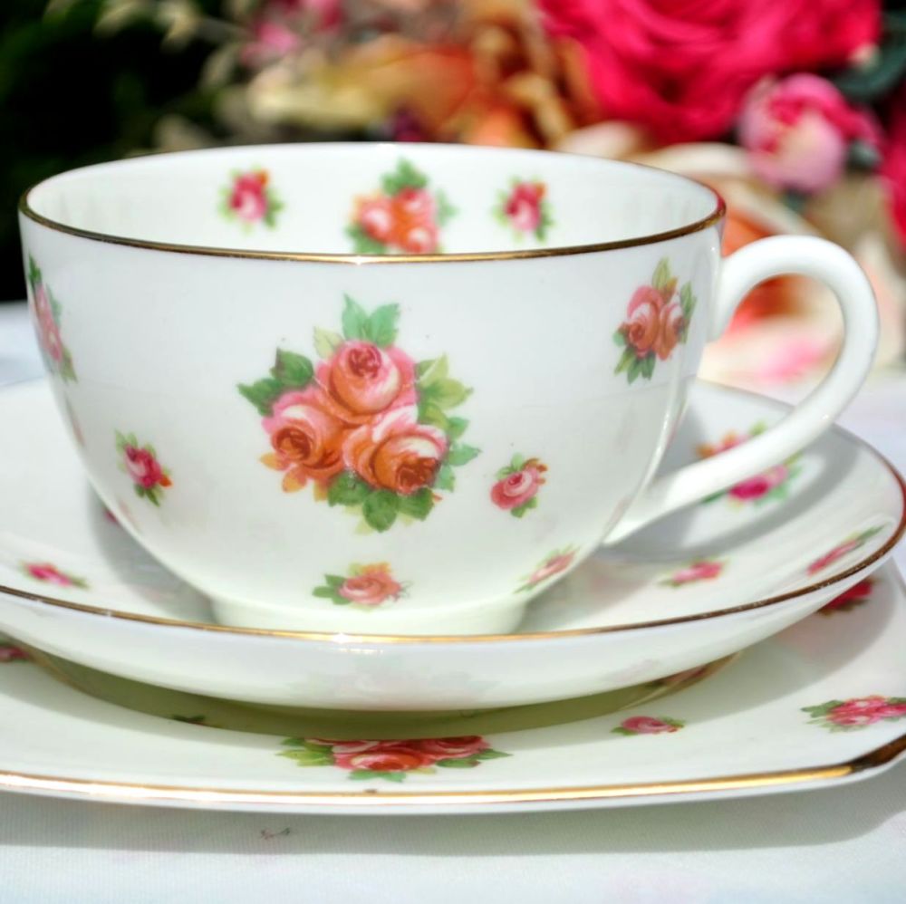 PINK Rose Tea Cup piattini TRIO-ROSLYN Vintage Cina tè pomeridiano 