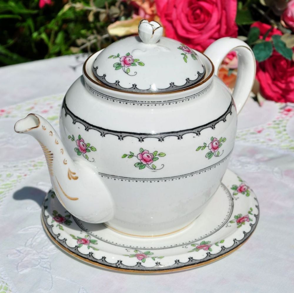 Tuscan Antique Pink Roses Teapot and Stand