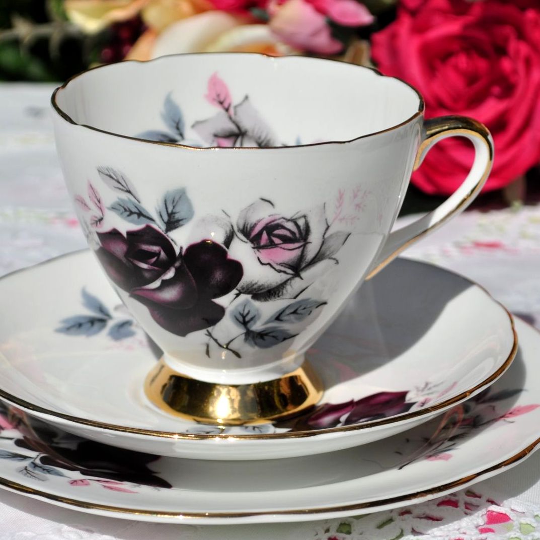 Gladstone Burgundy Rose and Gold Teacup Trio c.1970s